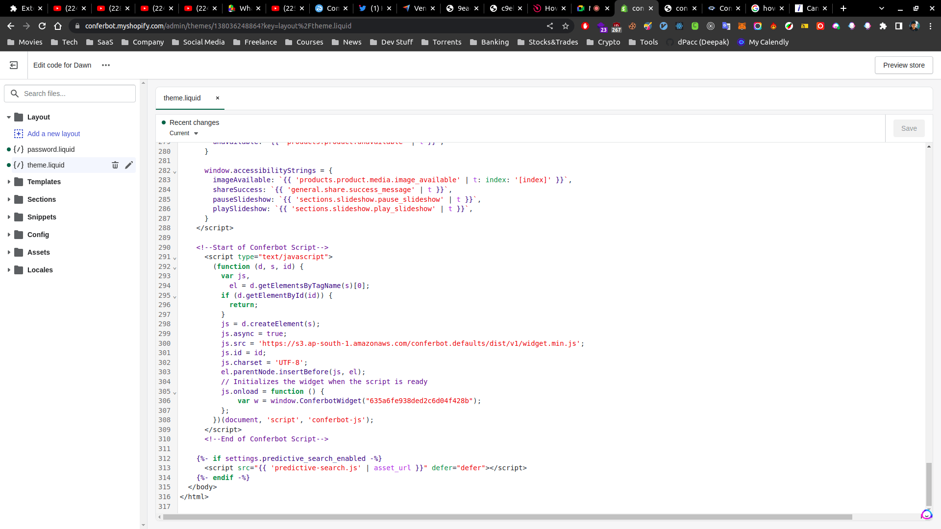 Step 6d: Paste your Conferbot code just before the </body> tag and click 'Save'