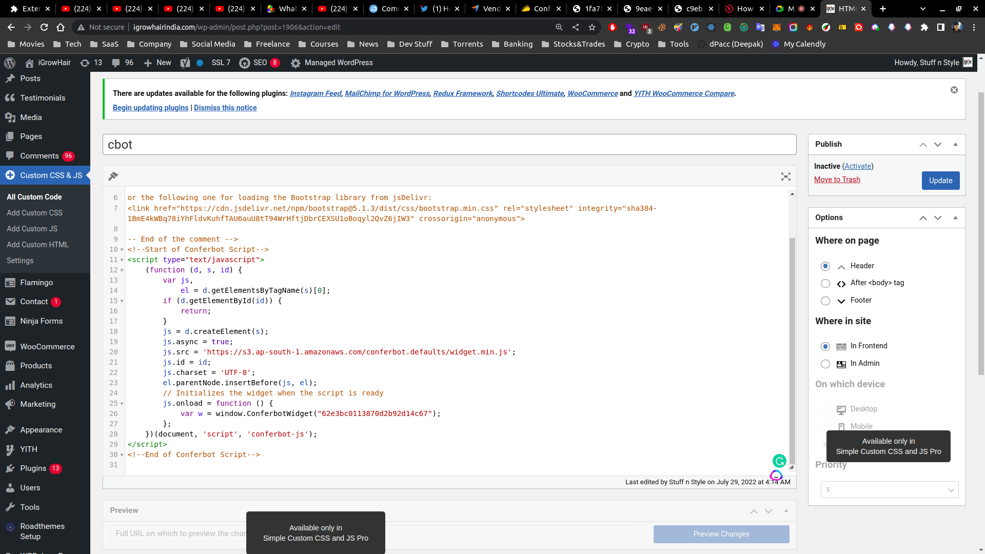 Step 6d: Paste your Conferbot code in the 'Scripts in Footer' section and save